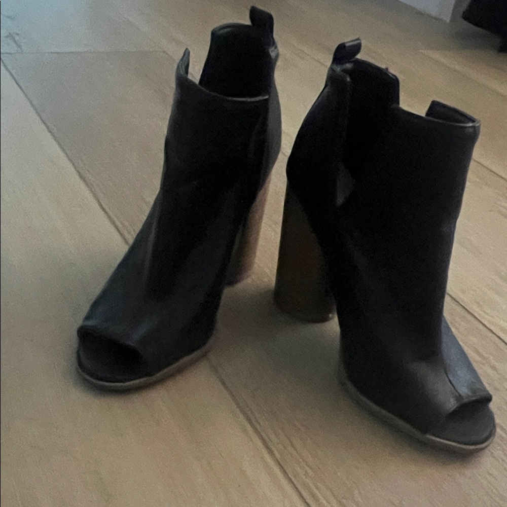 Qupid Black Peep-Toe Block Heel Ankle Boots